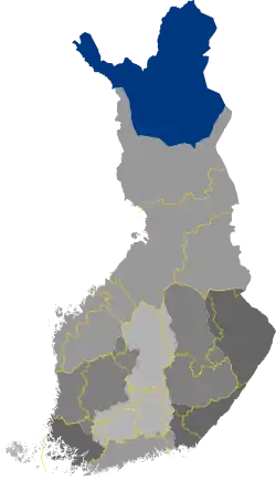 Historical province of Lapland within the modern borders of Finland (borders of the modern regions in yellow).