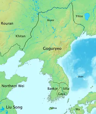 Image 25Korean peninsula in 476 AD. There are three kingdoms and Gaya Union in the picture. This picture shows the heyday of Goguryeo (from History of Asia)