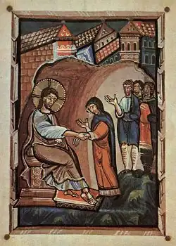 Healing Saint Peter's Mother-in-law, from an 11th-century manuscript from the Abbes Hitda von Meschede (Hitda Codex)
