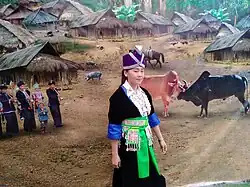 White Hmong woman wearing Hmong Daw clothing of Laos and Vietnam