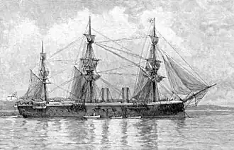 A lithograph of HMS Inconstant at full sail. She has a more moden hull which looks slightly round and metallic juxtaposed against her sails ans small funnels.