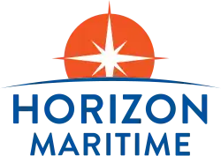 The Horizon Maritime logo consists of the wordmark ("Horizon Maritime") below a shallow blue arc, which represents the curvature of the horizon. In the background, a circular orange sun and white starburst rises, with the lower third obscured by the horizon.