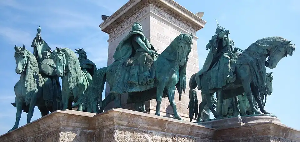 Left side view of some of the statues of the Seven chieftains of the Magyars