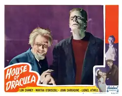 A lobby card for House of Dracula featuring Lionel Atwill and Glenn Strange