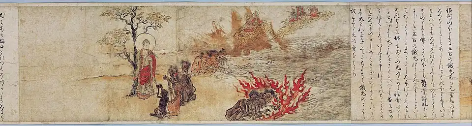Scene using the iji-dō-zu technique: the group of demons is first depicted burning below, then listening to the sermons of the historical Buddha in the middle, and finally drinking and reaching the heavens above. Gaki Zōshi&nbsp;[fr], 12th century