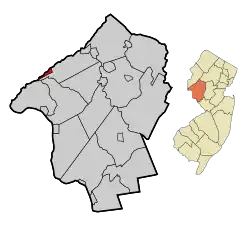 Location of Bloomsbury in Hunterdon County highlighted in red (left). Inset map: Location of Hunterdon County in New Jersey highlighted in orange (right).