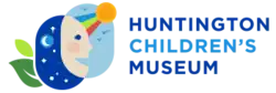 Abstract logo with a smiling face, stars, sun, rainbow, seagulls and leaves with blue text reading "Huntington Children's Museum"
