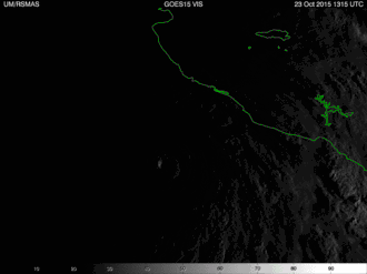 Satellite animation of a powerful hurricane weakening as it moves over southwestern Mexico. During this period, the storm's well-defined, clear eye becomes cloud-filled and the hurricane's overall cloud pattern degrades.