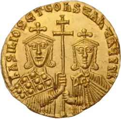 A golden coin showing Constantine with Emperor Basil