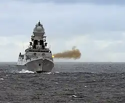 INS Chennai (D65) fires its weapons during Malabar 2020.