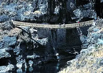 The annually reconstructed Queshuachaca ("rope bridge") in the Quehue District is the last of its kind.