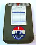 This receipt holder, with "I Like Cotton" sticker, comes from Galanty's, which was in business in Lake Providence, Louisiana, from 1896 to 1996. Many of Galanty's customers were cotton farmers.