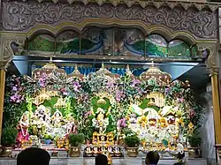 Deities of Sri Sri Radha Madhava, Jagannath, Balarama, Subhadra and Chaitanya Mahaprabhu (in middle), at the ISKCON Durgapur Temple.