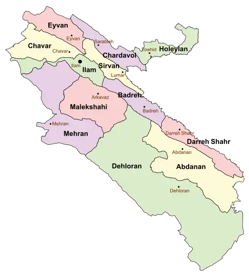 Location of Holeylan County in Ilam province (top right, green)