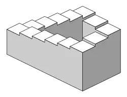 A staircase in a square format. The stairs make four 90-degree turns in each corner, so they are in the format of a continuous loop.