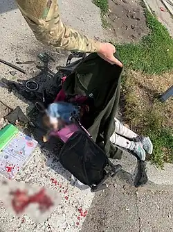 The body of 4-year-old Liza Dmitrieva near a baby carriage[21][58]