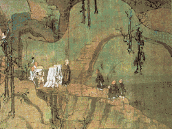 Two groups of figures meet on a mountain path.