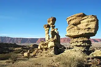 Landforms in the Monte Desert at Ischigualasto, Argentina. Much of the southern cone is covered by the Arid Diagonal of which Monte Desert is part.