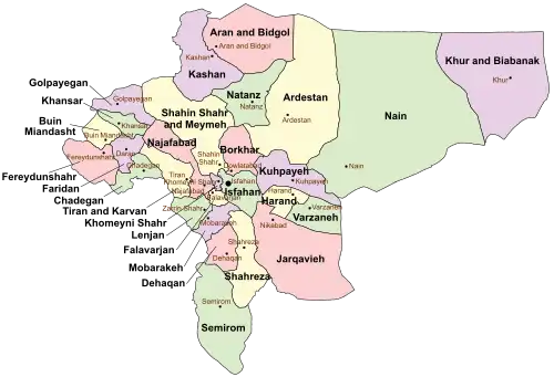 Location of Aran and Bidgol County in Isfahan province (top, pink)
