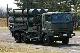 A Type 88 surface-to-ship missile truck of the JGSDF carrying ground-based Type 80 SSM missiles in transport position