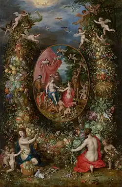 Garland of Flowers around an Allegory of Farming, by Jan Brueghel the Elder and Hendrick van Balen the Elder, 1615, oil on panel, Mauritshuis, The Hague, the Netherlands