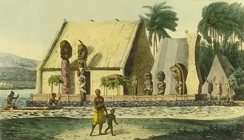 A depiction of a royal heiau (Hawaiian temple) at Kealakekua Bay, c. 1816