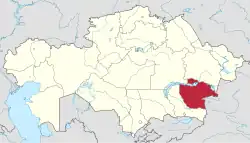 Map of Kazakhstan, location of Jetisu Region highlighted