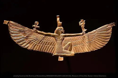 Jewelry found on the Mummy of Nubian King Amaninatakilebte (538–519 BCE), Nuri pyramid 10. Museum of Fine Arts, Boston.