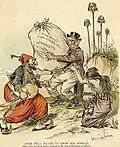 "John Bull hated to drop his bundle&nbsp;..." Political cartoon about "England's commercial interests in the Orient". The woman represents Armenia.