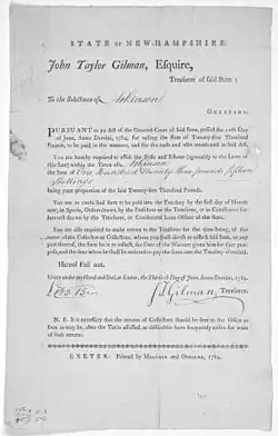 Image 8Order by John Taylor Gilman, State Treasurer and later Governor, 1784 (from History of New Hampshire)