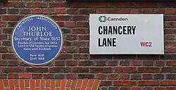 Blue plaque to John Thurloe in Chancery Lane near Lincoln's Inn in London