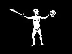 Another of Levasseur's pirate flags, described as “They made it of black silk. In its centre, there was the figure of a naked man with a cutlass in his right hand, and the left one holding a decapitated [sic] head by the hair.”[38]