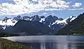 Cheam Range seen from the north at Wahleach Lake. Knight Peak is the large peak to right of center.