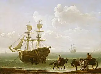 A beached collier unloading into carts (1790), Royal Museums Greenwich