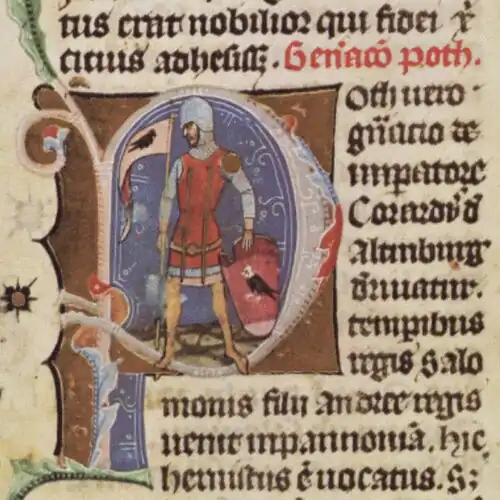 Chronicon Pictum, Hungary, Hungarian nobility, Poth, knight, flag with bird, flag with shield, ancestor, forefather, Bót clan, medieval, chronicle, book, illumination, illustration, history