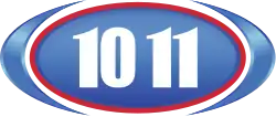 A blue oval, trimmed in red, with compressed numerals 10 and 11 in white, surrounded by too swooshes
