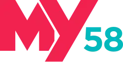 Pink stylized unicase letters "MY", with the top left of the Y cutting off the upper right of the M, next to a small, turquoise-colored 58 in a sans serif