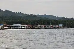 View of the stilt houses in Kampong Burong Pingai Ayer from the Brunei River in 2023