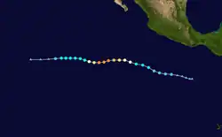 A map of the bumpy but generally westward path of a hurricane off the Pacific coast of Mexico