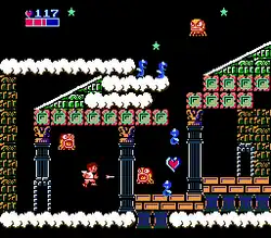 A two-dimensional video game screenshot that shows a winged angel in combat with monsters. The scene takes place amidst Grecian temples above the clouds.