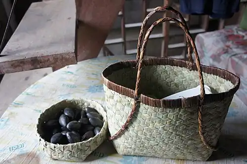 A bayong, a traditional Philippine basket woven from karagumoy (P. simplex) leaves in the hexagonal kinab-anan pattern