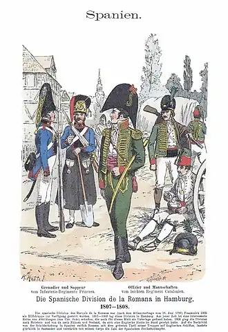 Colored print shows men in early 19th century military uniforms. The grenadier and sapper at the left belonging to the Princesa Line Infantry wear blue coats with fur hats. The officer and enlisted man at the right from the Catalonia Light Infantry wear green hussar-style jackets.