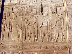 Kom Ombo, Ptolemy Philometor with his wife Cleopatra II before the gods Ra, Montu and Sobek