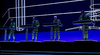 Kraftwerk performing at the Royal Albert Hall 2017. From left to right: Ralf Hütter, Henning Schmitz, Fritz Hilpert and Falk Grieffenhagen