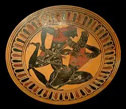 Theseus and the Minotaur, Attic black-figure kylix tondo, c. 450–440 BC.