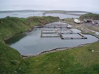 The flooded quarry on Lamb Holm, used for the Churchill Barriers. In the background is barrier no.2.