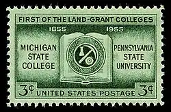 3 cent postage stamp with the text "First of the land-grant colleges. 1855 1955. Michigan State College. Pennsylvania State University"