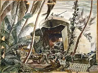 Landing ships under fire, Treasury Island (3rd NZ Division), 27 October 1943 painted by Russell Clark