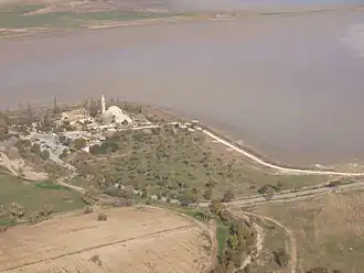 Aerial photo of the Larnaca Salt Lake (in winter) with Hala Sultan Tekke