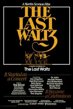 A poster with the Band standing in silhouette, surrounded by extensive credits of the guest musicians and an elaborate logo